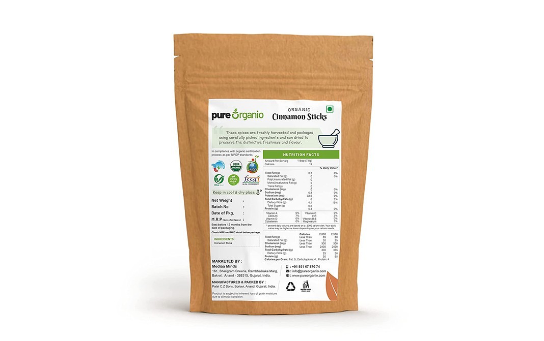 Pure Organio Organic Cinnamon Sticks    Pack  100 grams